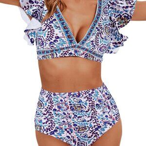 Ruffle High-Waisted Bikini Set - Tummy Control, Deep V-Neck, Push up